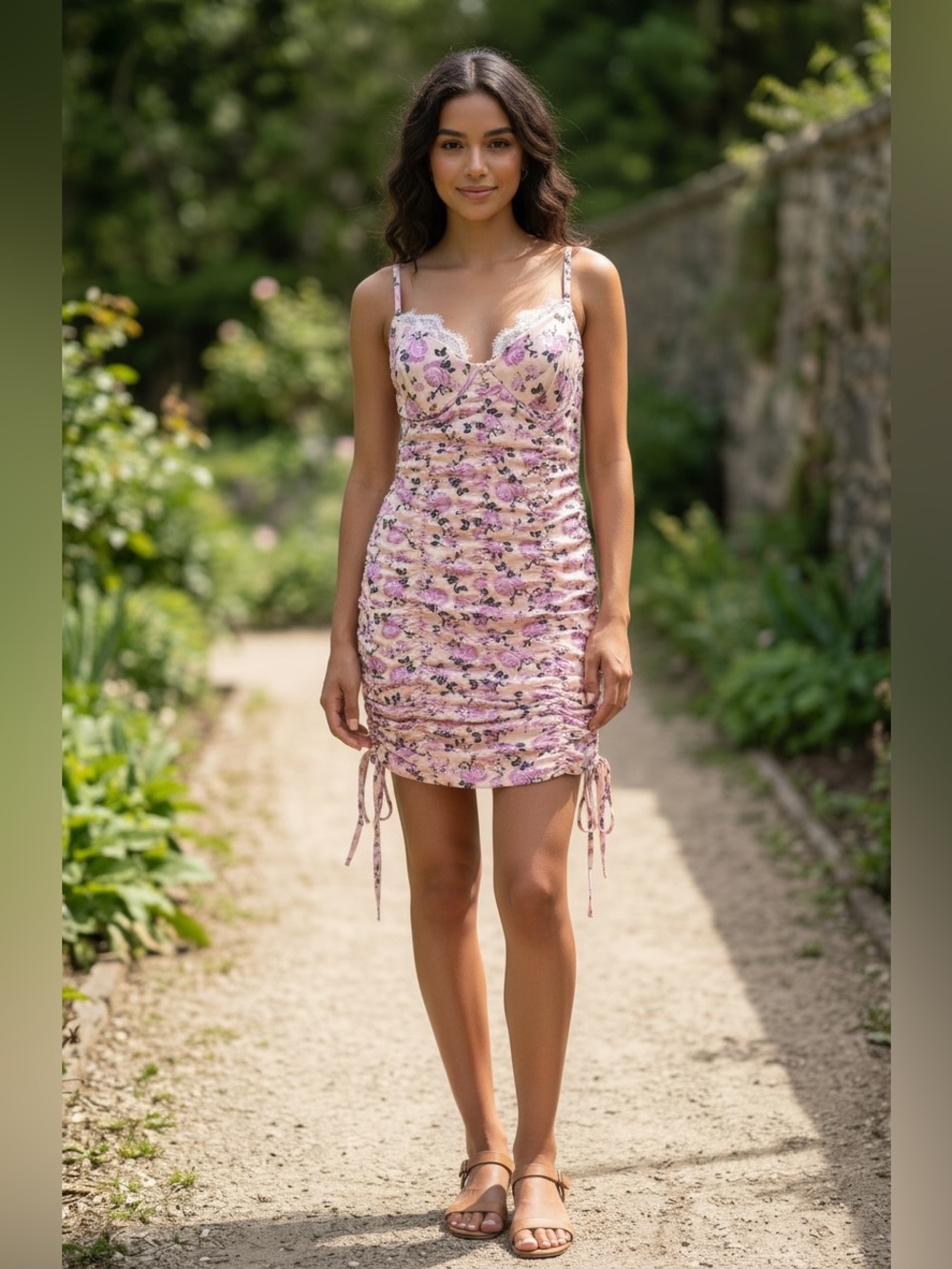 Pink & Beige Floral Ruched Mini Dress Size XL